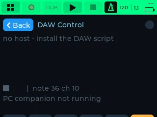 DAW Control before a program answers: no host, the note line and the bottom bar
