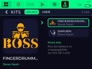 The kit browser on the LEGACY list with the FINGERDRUMMING BOSS cover