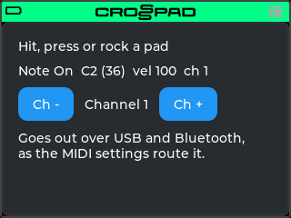 The MidiOut screen: the title "Hit, press or rock a pad", the last message "Note On C2 (36) vel 100 ch 1", the buttons Ch - and Ch + around "Channel 1", and a note that messages go out over USB and Bluetooth as the MIDI settings route them