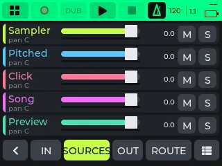 The Mixer's SOURCES tab: Sampler, Pitched, Click, Song and Preview faders with M and S buttons