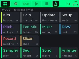 The MODE map: the transport bar on top, then a 4 × 4 grid of cells — Kits, Help, Update, Setup on the top row; Pitch, Pad Mix, Mixer, DAW; Record and Slicer with two empty cells; Sampler, Seq, Song, Arrange on the bottom row