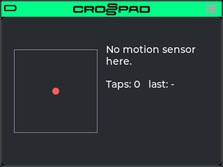 The Motion app in the simulator: an empty square box with a small red dot in its middle on the left; on the right the lines "No motion sensor here." and "Taps: 0   last: -"