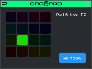 The app on the simulator: a 4 by 4 grid of dim coloured squares with the second square of the second row from the bottom lit bright green, the label "Pad 6  level 110" at the top right and a blue Rainbow button at the bottom right