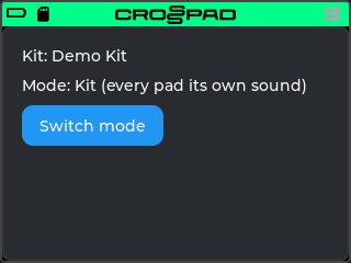 Play a Sample on the simulator: the label "Kit: Demo Kit", the label "Mode: Kit (every pad its own sound)" and a blue Switch mode button below them