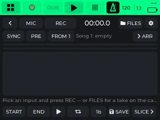 The Recorder: MIC input, REC, the take time, FILES, SYNC, PRE, the meter and START, END, SAVE, SLICE