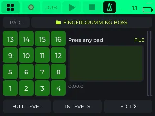 The Sampler with the FINGERDRUMMING BOSS kit: a 4×4 pad grid, the kit name, FULL LEVEL, 16 LEVELS and EDIT