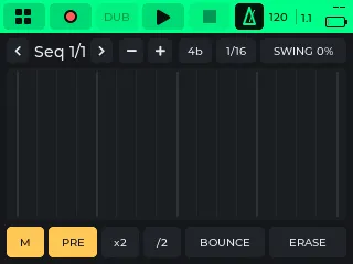 The Sequencer: scene selector, length buttons, the step grid and the M, PRE, x2, /2, BOUNCE and ERASE buttons
