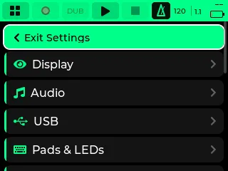 The Settings list: Info, System, Motion MIDI, BLE MIDI, WiFi, Updates