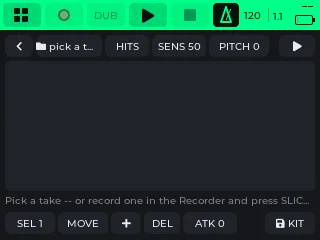 The Slicer waiting for a take: HITS, SENS, PITCH, and the SEL, MOVE, DEL, ATK and KIT buttons