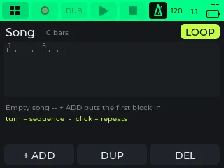 The Song app with an empty song and the + ADD, DUP and DEL buttons