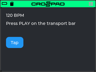 The Tempo and Transport app in the simulator: the lines "120 BPM" and "Press PLAY on the transport bar", and a blue Tap button below them
